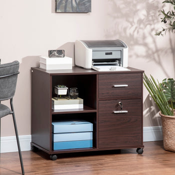 Lateral File Cabinet with Wheels, Mobile Printer Stand with Open Shelves and Drawers for A4 Size Documents, Walnut