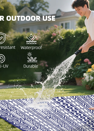 Reversible Outdoor Rug, Waterproof Plastic Straw with Carry Bag, 9' x 18', Blue & White Geometric Wall