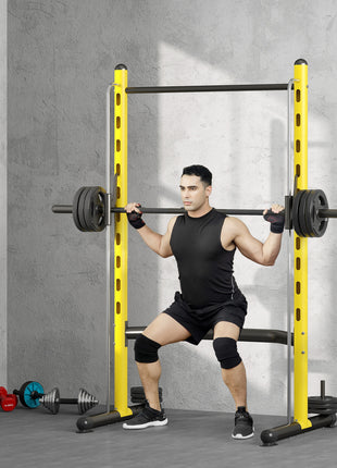 Squat Rack with Pull Up Bar and Barbell Bar Adjustable Bench Press Multi-Function Weight Lifting Half Rack, Yellow