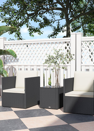 Folding Wicker Bistro Set, 3 Piece Patio Furniture Set with Cushions and Glass Coffee Table for Porch, Balcony, Black