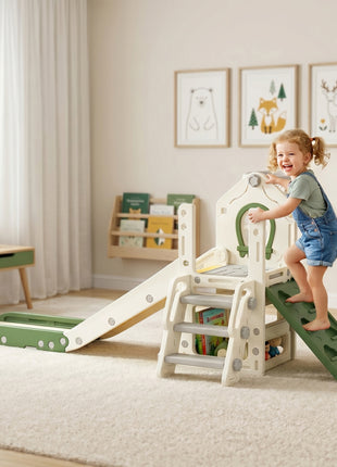 Foldable 5 in 1 Toddler Slide with Ladder, Climbing Wall, Basketball Hoop, Storage and Basketball for 1-3 Years, Cream