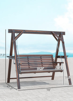 3 Seat Wooden Porch Swing with Stand, Patio Swing with Side Tables, for Garden, Poolside, Backyard, Carbonized Brown