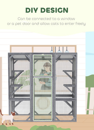 Large Wooden Catio Outdoor with 6 Jumping Platforms, Weatherproof Roof, for 1-3 Cats, 59" x 28" x 60", Gray