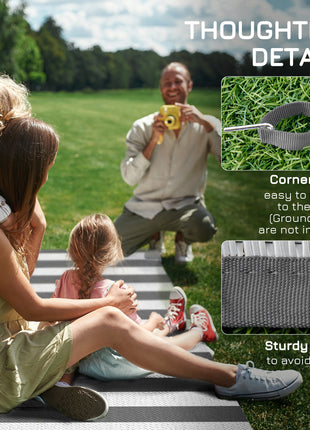 Reversible Outdoor Rug, 9' x 18' Waterproof Plastic Straw Floor Mat, Portable RV Camping Carpet, Large Floor Mat for Backyard, Deck, Picnic, Beach, Gray & White Striped