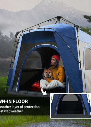 3 Person Pop Up Camping Tent Quick Setup Automatic Hydraulic Family Travel Tent w/ Windows Doors Carry Bag, Blue