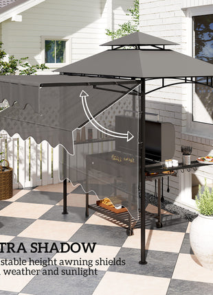 8' x 7.6' Outdoor Grill Gazebo, Barbecue Gazebo Shelter with Side Awning, 2 Side Shelves and 6 Hooks, Dark Gray