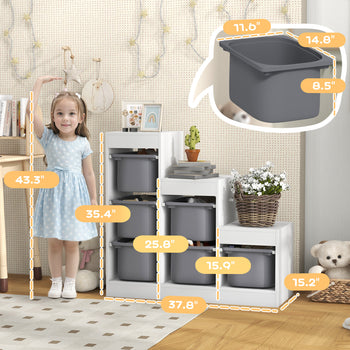 3 Layers Kids Toy Storage Organizer with 6 Storage Bins, Kids Bookshelf for Ages 3-8 Years, Play Room, Bedroom, Gray