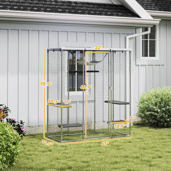 Catio Outdoor Cat Enclosure, Galvanized Steel Walk-in Cat Cage with Waterproof Cover, 5 Adjustable Platforms, Hammock
