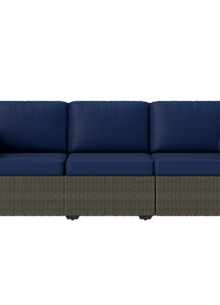 Patio Couch PE Wicker Deep Seating Outdoor Sofa with Removable Cushions, 3 Seater Rattan Sofa, Outdoor Furniture for Balcony, Deck, Garden and Poolside, Navy Blue