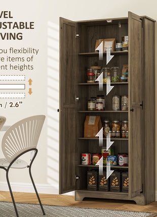 72" Farmhouse Pantry Cabinet, Freestanding Food Pantry Cabinet with Adjustable Shelves, Distressed Gray