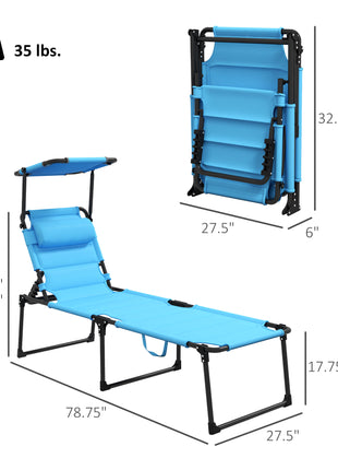 2 Pcs Outdoor Lounge Chair, 4 Position Adjustable Backrest, Folding, Cushioned w/ Sun Shade Roof & Pillow, Blue