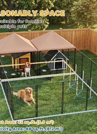 Large Outdoor Dog Kennel with 2 Rooms, Rotating & Adjustable Height Bowls, 13.5' x 9.4' x 5.1'