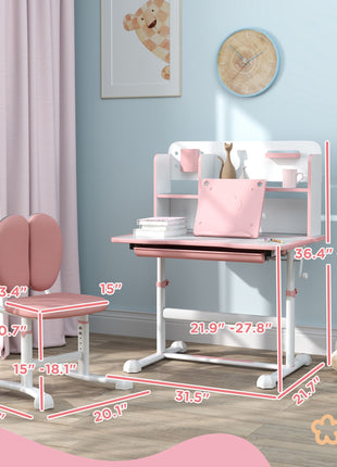 Height Adjustable Kids Desk and Chair Set for Writing Drawing w/ Tilt Desktop, Storage Drawer and Reading Rack, Pink