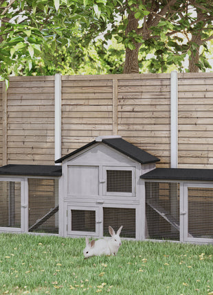 Outdoor Rabbit House 83" 2 Story Deluxe XL Wooden Rabbit Hutch Big Bunny Cage w/ Ladder and Run, Gray