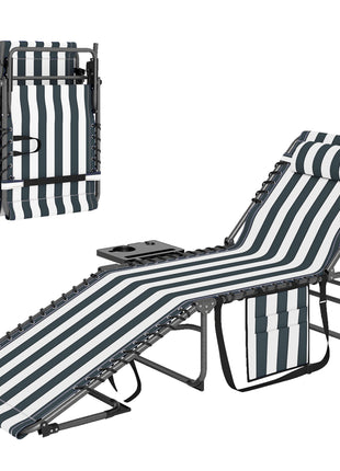 Folding Outdoor Chaise Lounge Chair Tanning Chair with 5-Level Adjustable Back, Side Table, Pillow, Pocket, Blue White