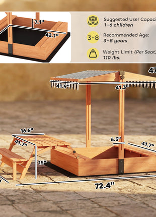 Kids Sandbox with Lid, Wooden Sand Pit with Canopy, Foldable Picnic Table, Bench Seats, Bottom Liner, Cover, Brown