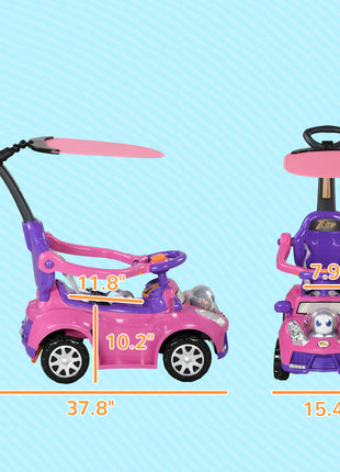 3 in 1 Push Car Sliding Car with Removable Handle, Music, Horn, Canopy, Safety Guardrail, Pink