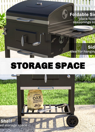 Charcoal BBQ Grill and Smoker Combo Outdoor Portable Trolley Camping Picnic Backyard with Side Shelf, Black