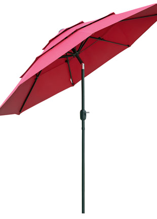9FT 3 Tiers Patio Umbrella Outdoor Market Umbrella with Crank, Push Button Tilt for Deck, Backyard and Lawn, Wine Red