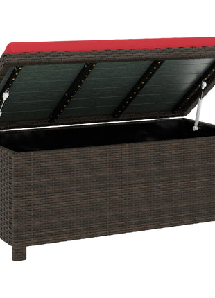 Outdoor Wicker Storage Bench with Storage & Cushion, Red