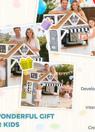 Outdoor Playhouse, Wooden Kids Playhouse with Dog Door, Cookware, Blackboard, Bench, Doorbell for Ages 2+