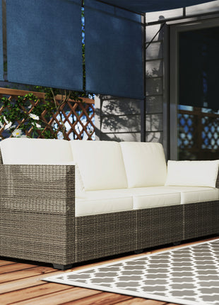 Patio Couch PE Wicker Deep Seating Outdoor Sofa with Removable Cushions, 3 Seater Rattan Sofa, Outdoor Furniture for Balcony, Deck, Garden and Poolside, Cream White