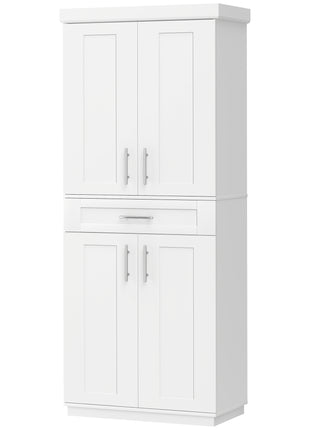 Modern Kitchen Pantry Freestanding Cabinet Cupboard with Doors and Drawer, Adjustable Shelving, White