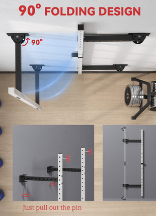 Folding Squat Rack with Pull Up Bar, Wall Mounted and Adjustable, 1000 Pounds Capacity Power Rack, White