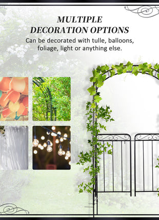 84" Garden Arch Arbor with Gate, Metal Arch Trellis, Garden Archway for Climbing Vines, Wedding Ceremony Decoration, Flourishes & Arrow Tips, Black