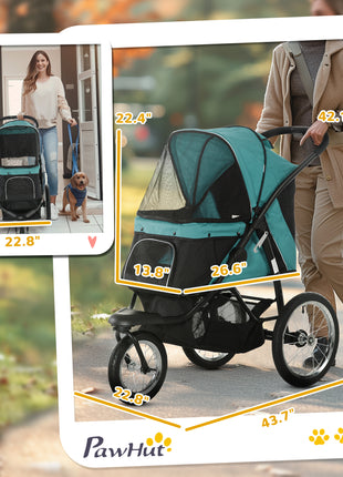 3 Wheels Pet Stroller for Small Dogs and Medium Dogs with Adjustable Canopy, Safety Tether, Storage Basket, Dark Green