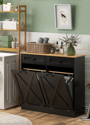 Tilt Out Laundry Hamper Cabinet, Bathroom Storage Cabinet with 2 Removable Baskets and 2 Drawers, Black