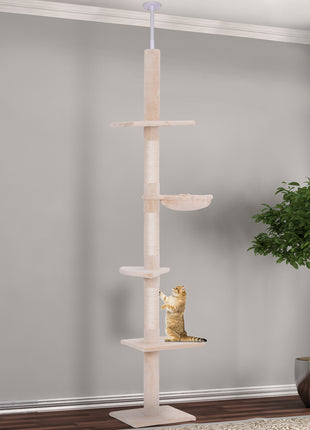 102" Adjustable Height Floor to Ceiling Cat Tree, 5 Level Cat Tower with Scratching Posts, Hammock, Beige