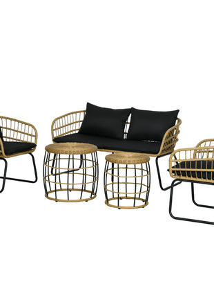 5 Piece PE Rattan Outdoor Furniture Set with Cushioned Chairs, Loveseat Sofa & Stackable Coffee Tables, Black