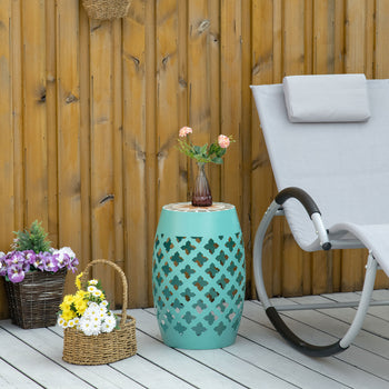 Decorative Outdoor Stool, 12" Round Patio Side Table, Mosaic Accent Plant Stand for Garden, Balcony, Blue