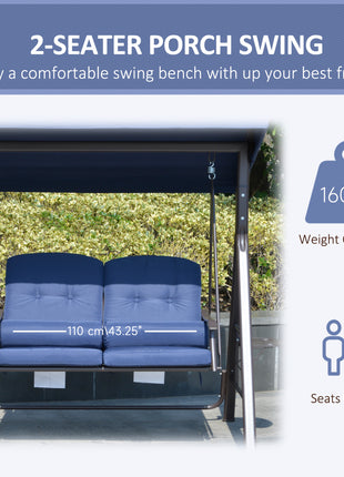 2-Person Patio Swing Bench with Adjustable Shade Canopy, Soft Cushions, Throw Pillows and Tray, Dark Blue