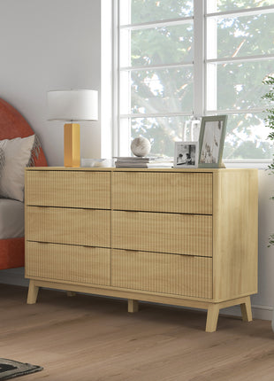 6 Drawer Double Dresser for Bedroom, Fluted Chest of Drawers with Gold Finger Pulls and 5 Wood Legs, Natural Wood
