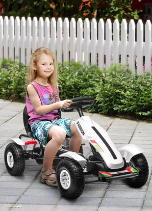 Kids Pedal Go Kart W/ Adjustable Seat, Rubber Wheels, White