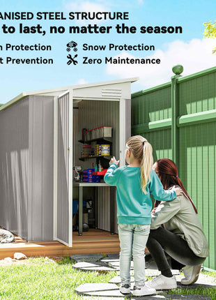 4' x 8' Lean to Garden Storage Shed, Outdoor Metal Tool House with Lockable Door Vents for Backyard Patio Lawn, Light Gray