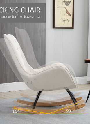 Mid-Century Fabric Rocking Chair Sofa Armchair Tufted Rocker Wingback Accent Chair with Padded Seat, Rubber Wood Base for Home Studio, Bedroom, Living Room, Cream White