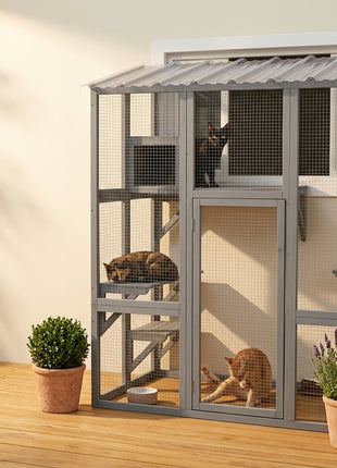 Catio Outdoor Cat Enclosure, Window Box Wooden Cat House with Bridge Platforms, Gray