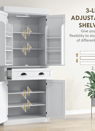 71" Kitchen Pantry Cabinet with LED Lights, 6 Door Shelves, a Drawer and 4 Adjustable Shelves, White