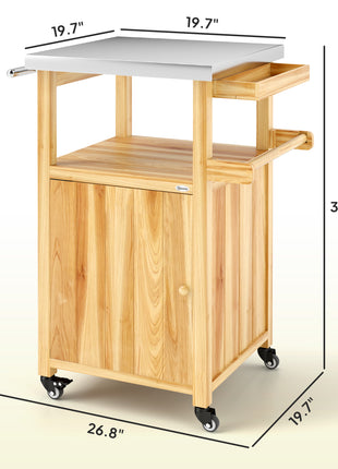 Outdoor Grill Cart w/ Stainless Steel Top, Solid Wood Outdoor Kitchen Island w/ Wheels, Integrated Hole, Natural Wood