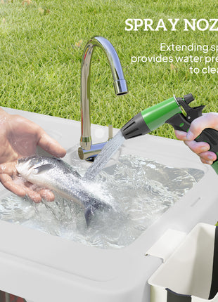 Folding Fish Cleaning Table with Sinks, Portable Camping Sink Table with Faucet, Drainage Hose, Sprayer, Shelf, Drawer and Storage Basket, Outdoor Fillet Table for Picnic Beach Patio, White