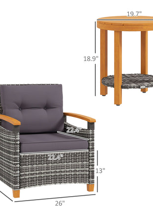 Outdoor Bistro Set Wicker Patio Furniture with Cushions for Porch, Backyard, Garden, Gray