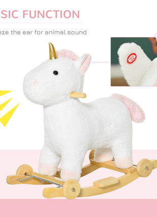 2 in 1 Kids Rocking Horse, Rolling Unicorn with Sound, Wooden Base, Pedal, Grip Handle, for 3-6 Years Old, White