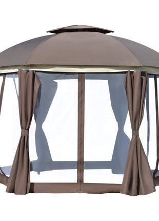 12' x 12' Round Outdoor Gazebo, Patio Dome Gazebo Canopy Shelter with Double Roof, Netting Sidewalls and Curtains, Zippered Doors, Strong Steel Frame, Brown