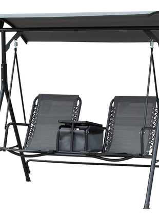 2-Seat Outdoor Porch Swing, with Pivot Storage Table, Cup Holder, & Adjustable Overhead Canopy, Stand's Skid-Resistant Feet Pad, Breathable Mesh Seat, Steel Frame, for Patio, Gray