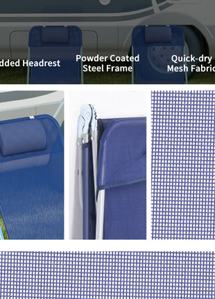 2 Piece Sun Loungers, Folding Chaise Lounge Chairs with Reclining Back, Breathable Mesh Seat, Headrest, Dark Blue