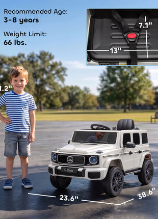 Licensed Mercedes-Benz G580 12V Kids Ride On Car with Remote, Soft Start, Headlights, Seat Belt, Music, USB, Horn, White
