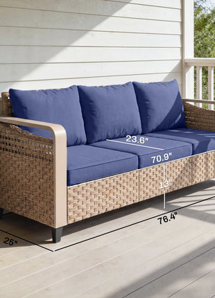 Rattan Wicker Sofa 3-Seater Outdoor Patio Sofa with Cushions for Garden Backyard Porch Dark Blue
